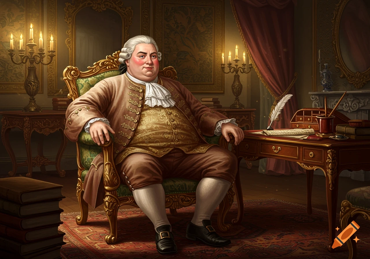 A portly 18th-century man in brown and gold attire sits in an ornate green chair in a richly decorated room, surrounded by candelabras, a desk, and stacked books.