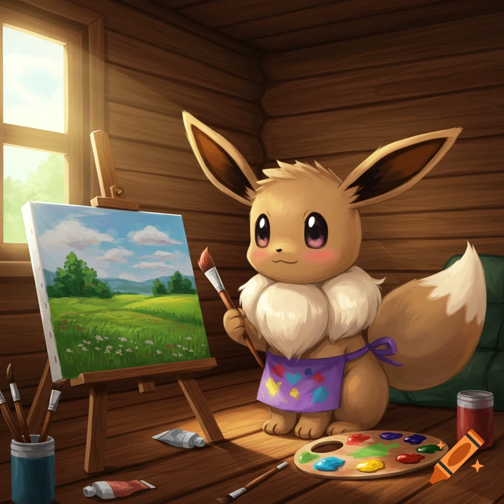 Eevee in a wooden art studio, wearing a purple apron and holding a paintbrush, painting a grassy landscape on an easel.