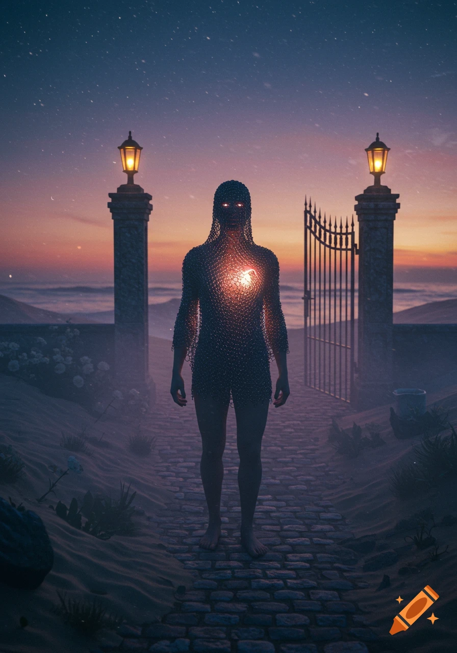 A chainmail-clad figure with glowing eyes and heart stands on a path by a gate at sunset, facing a beach.