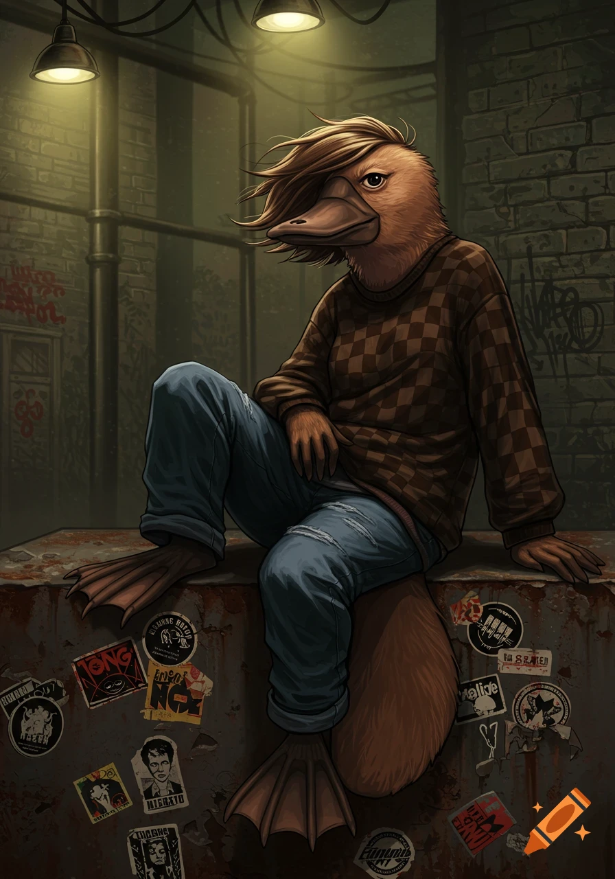 An anthropomorphic platypus with an emo haircut, checkered sweater, and ripped jeans sits in a dark, graffiti-filled urban alley.