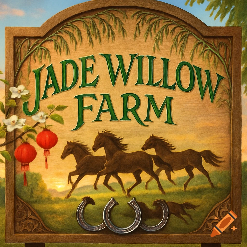 A wooden sign for Jade Willow Farm, featuring the name in green text, three brown horses running, two horseshoes, and red Chinese lanterns hanging from a branch.