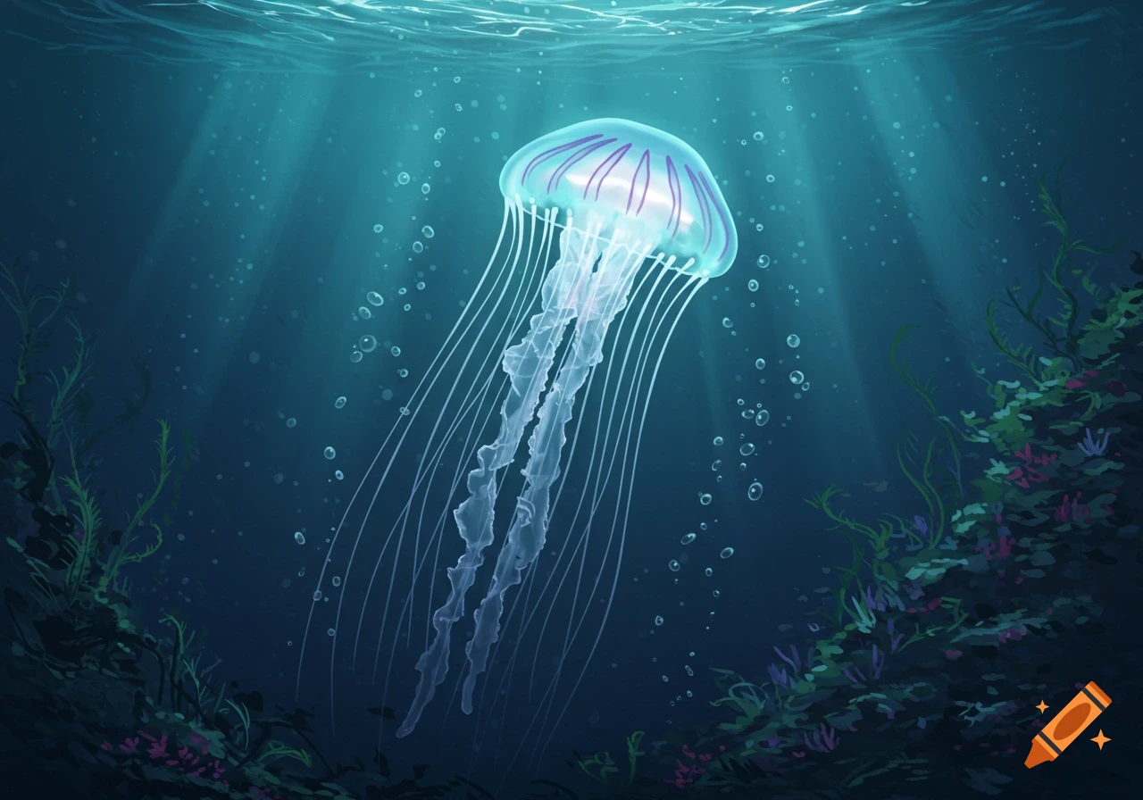 A translucent jellyfish with purple stripes swims in deep blue ocean waters, illuminated by light rays from the surface.
