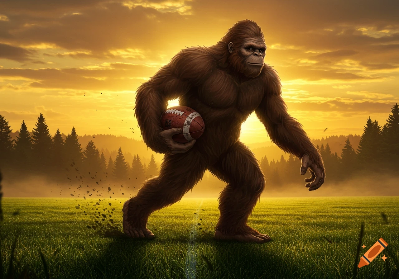 A large, furry Bigfoot runs through a grassy field at sunset, holding a football.