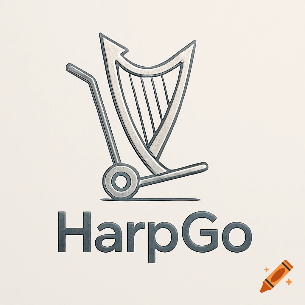 A grey logo featuring a harp designed to look like an arrow leaning on a hand truck, with the text 'HarpGo' below it.
