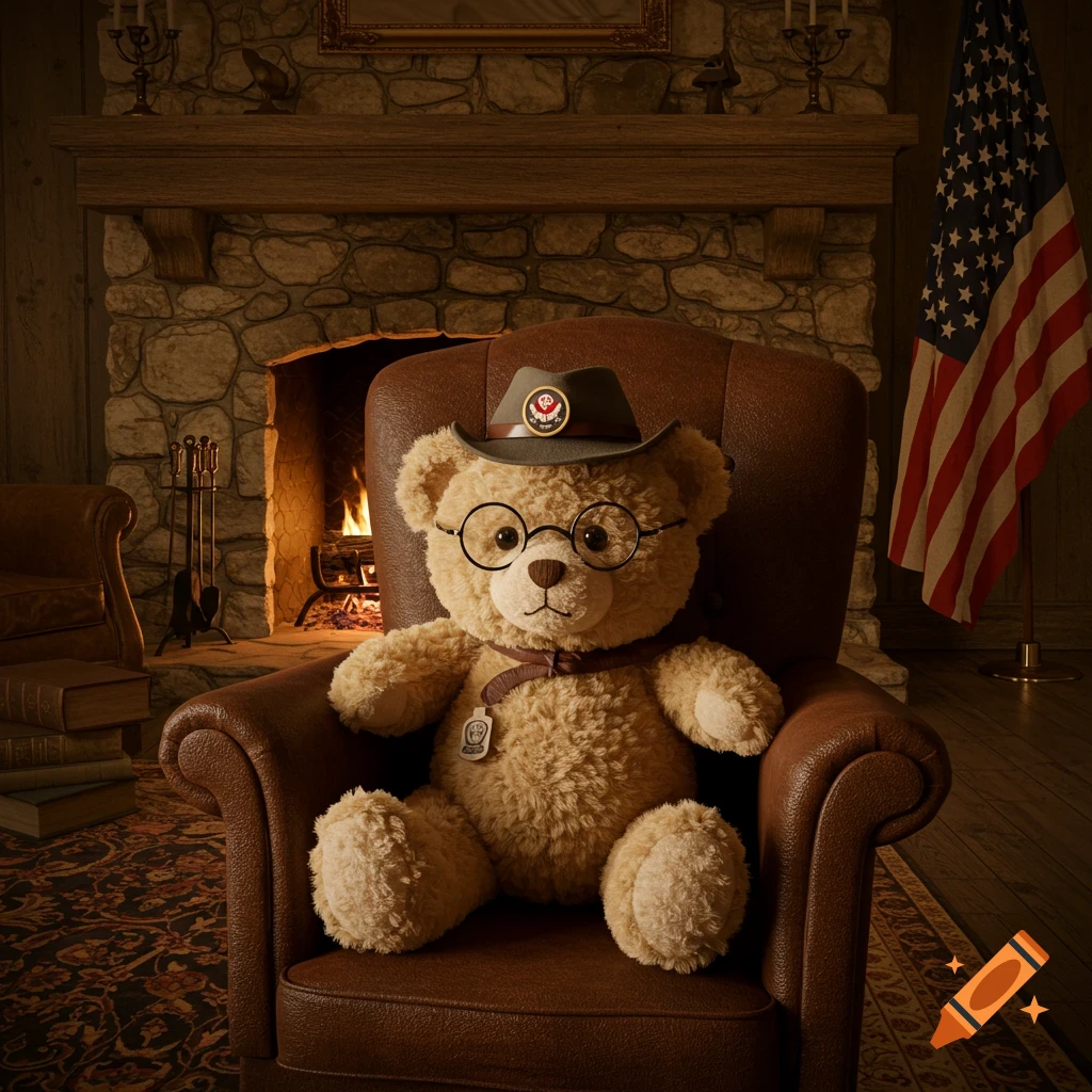 A teddy bear wearing a hat and glasses sits in a leather armchair in a cozy room with a lit fireplace and an American flag.