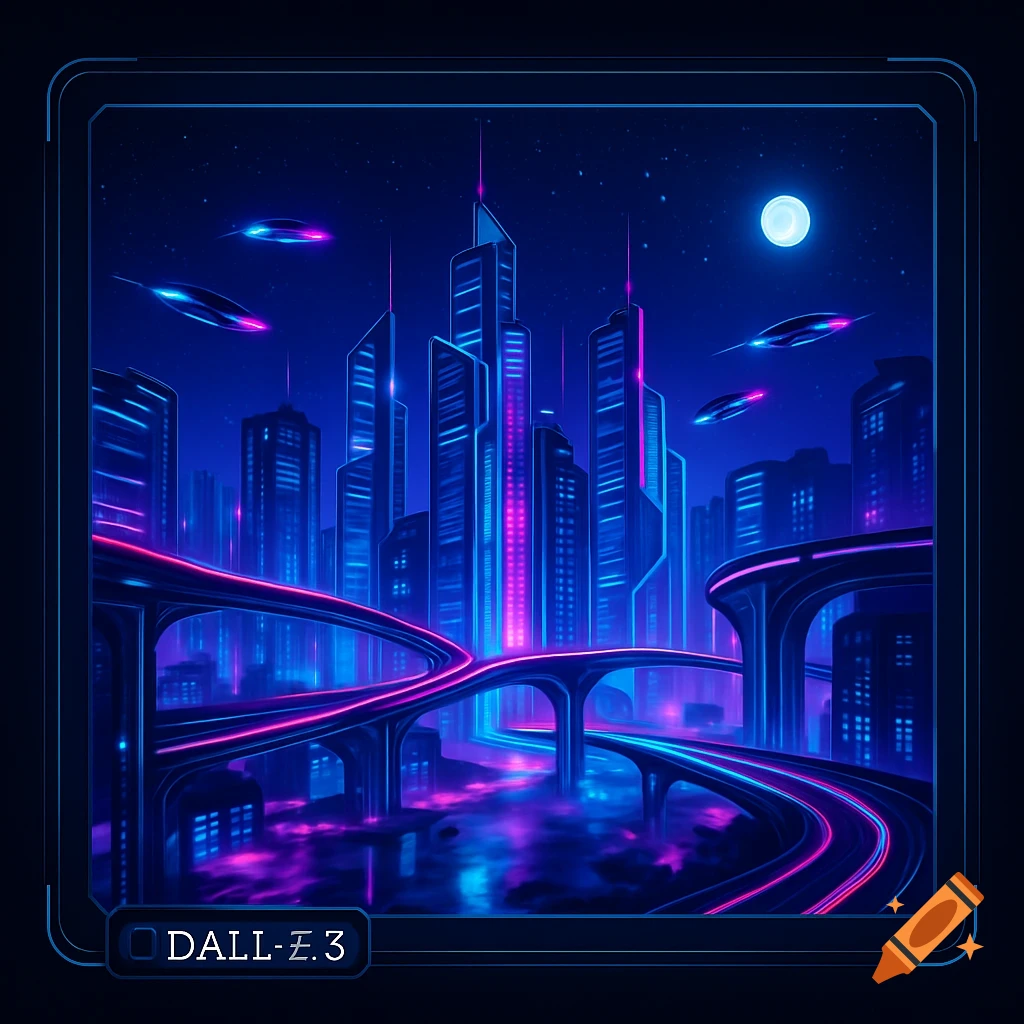 A vibrant, neon-lit futuristic city at night with towering skyscrapers, elevated roadways, and flying vehicles under a full moon.