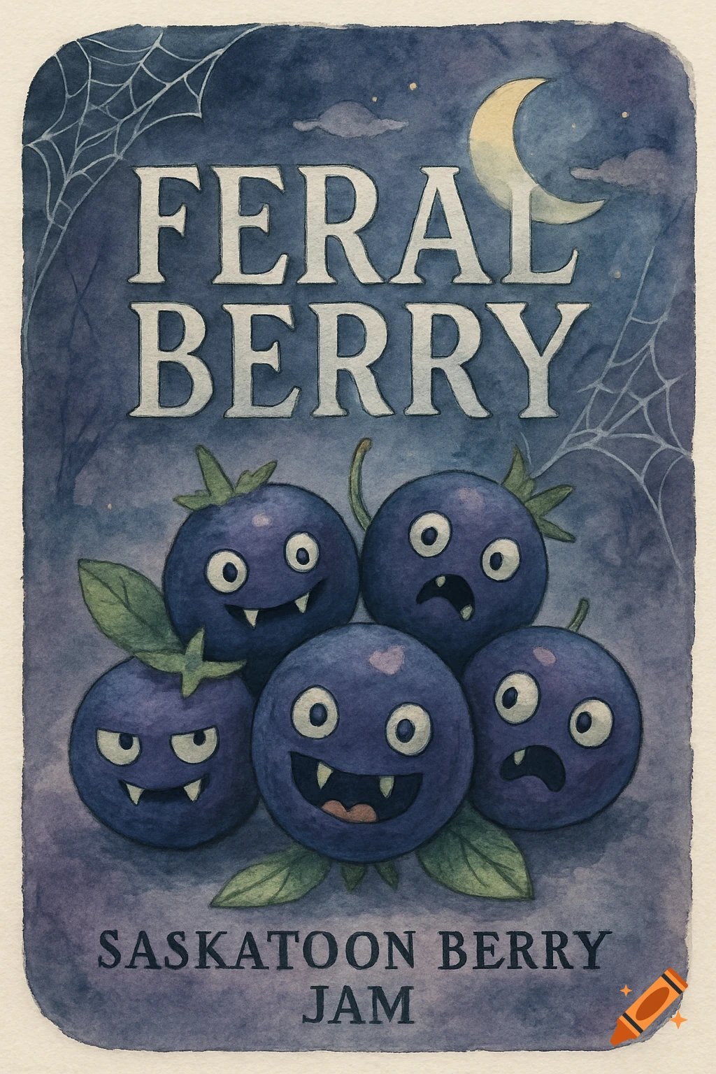 A spooky watercolor jam label for Feral Berry Saskatoon Berry Jam, featuring cartoon monster blueberries and spiderwebs under a crescent moon.