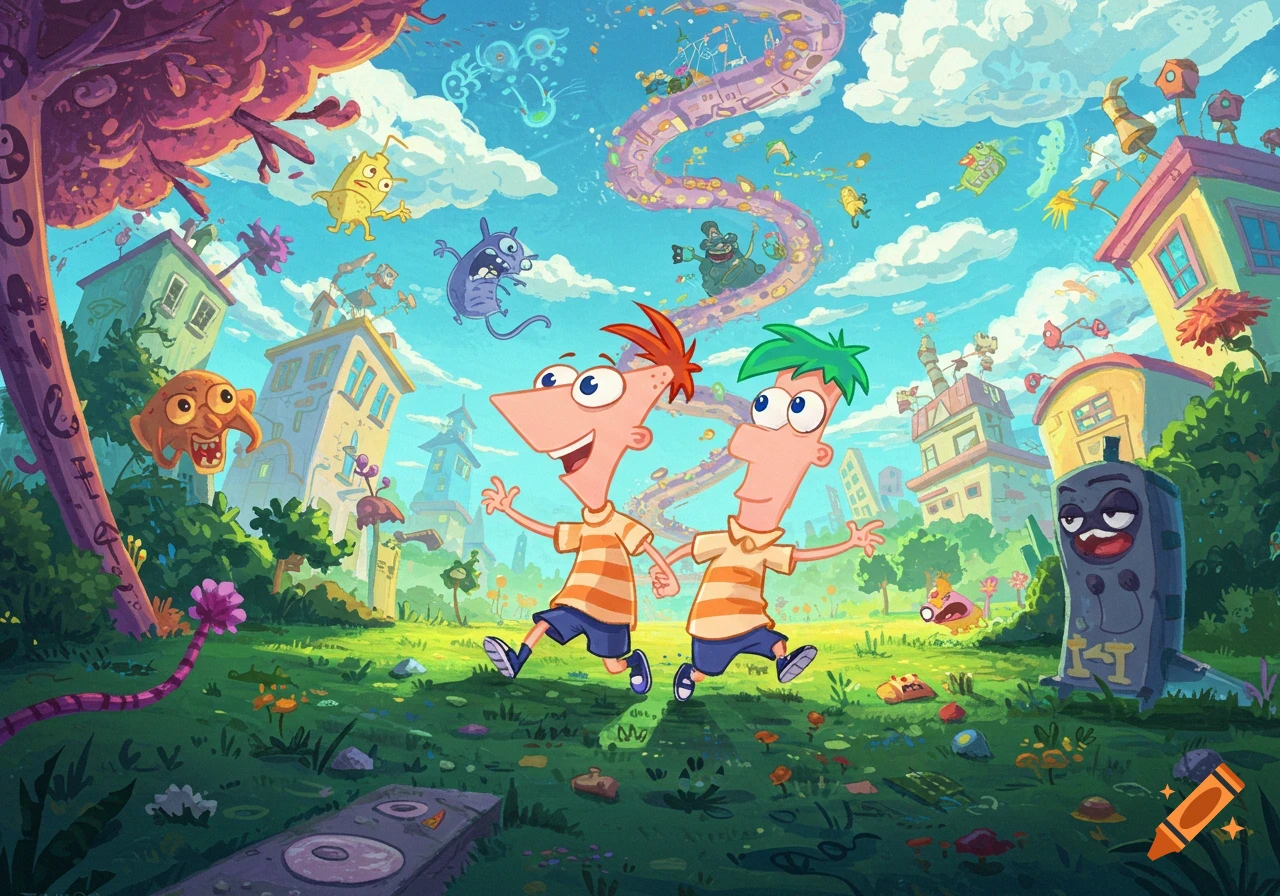 Phineas and Ferb walk hand-in-hand through a vibrant, whimsical landscape with floating houses, clouds, and cartoon creatures.
