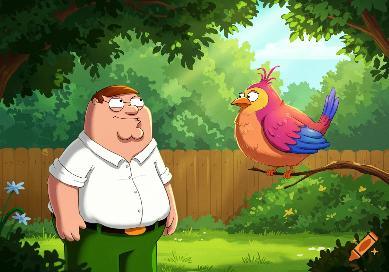 Peter Griffin looking at a colorful bird perched on a branch in a lush, sunny cartoon backyard.