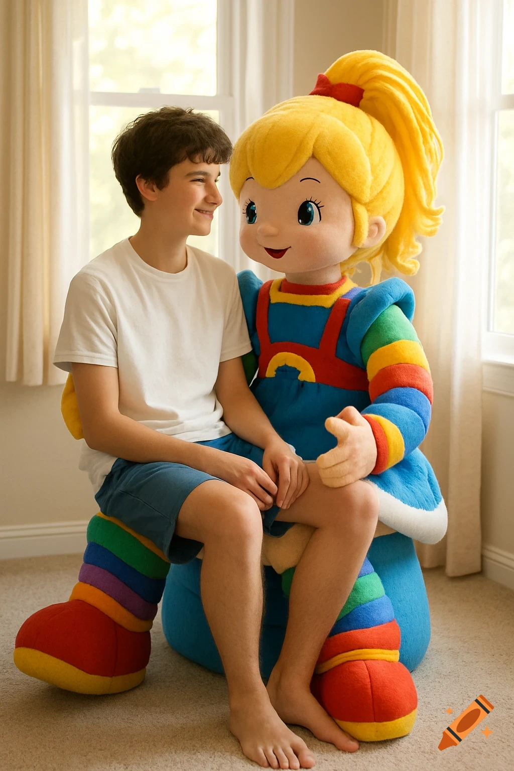 A smiling teenage boy in a white t-shirt sits on the lap of a large, colorful Rainbow Brite mascot indoors.