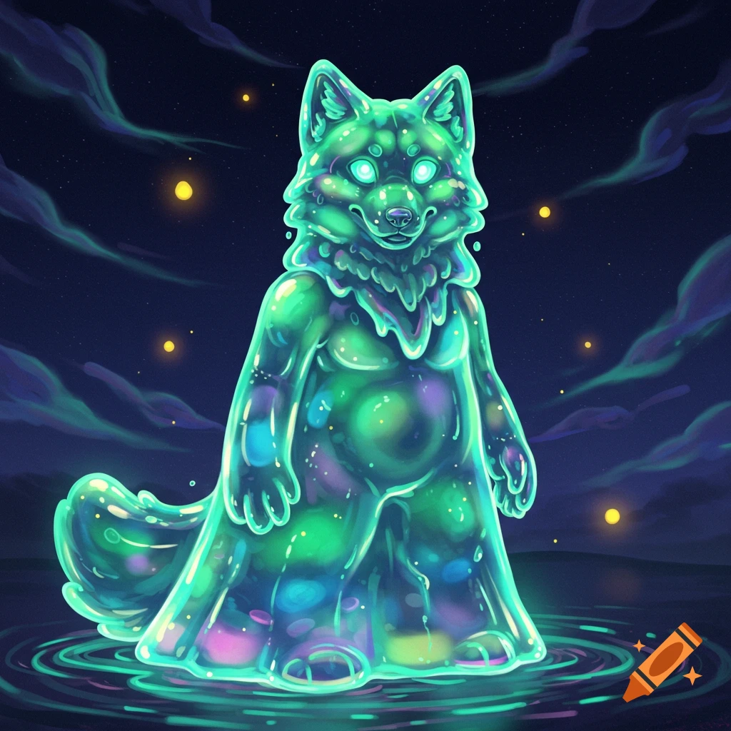A glowing, transparent green anthropomorphic jello wolf stands in water under a starry night sky.