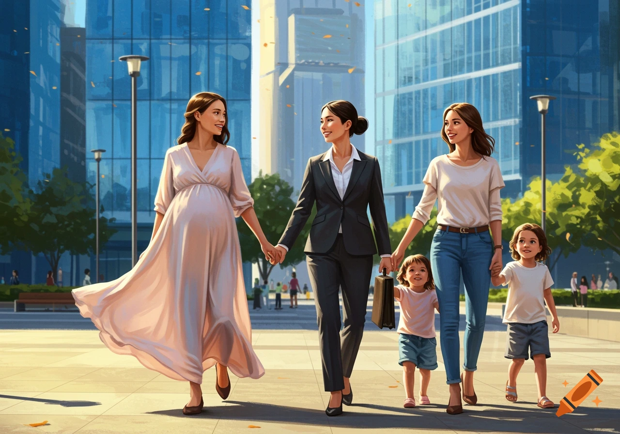 Three women and two young children walk hand-in-hand down a city street with tall buildings in the background. One woman is pregnant, another wears a suit and holds a briefcase, and the third walks beside two small children.