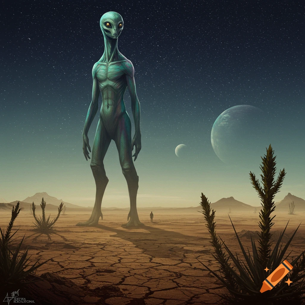 A tall, slender alien stands in a cracked desert landscape under a starry sky with large planets, with a small human figure in the distance.