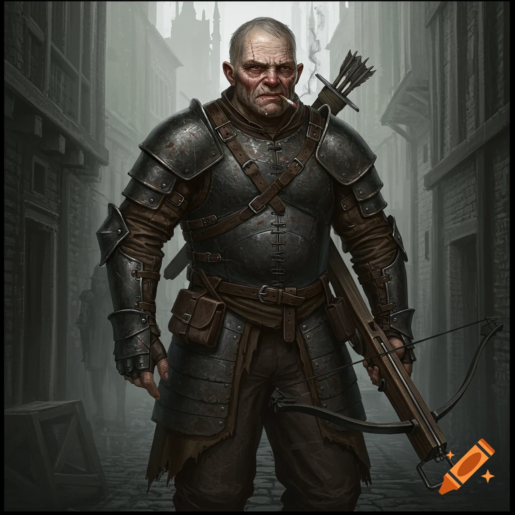 An ugly, grizzled old man in dark armor with a crossbow and a cigarette in his mouth stands in a shadowy alley.