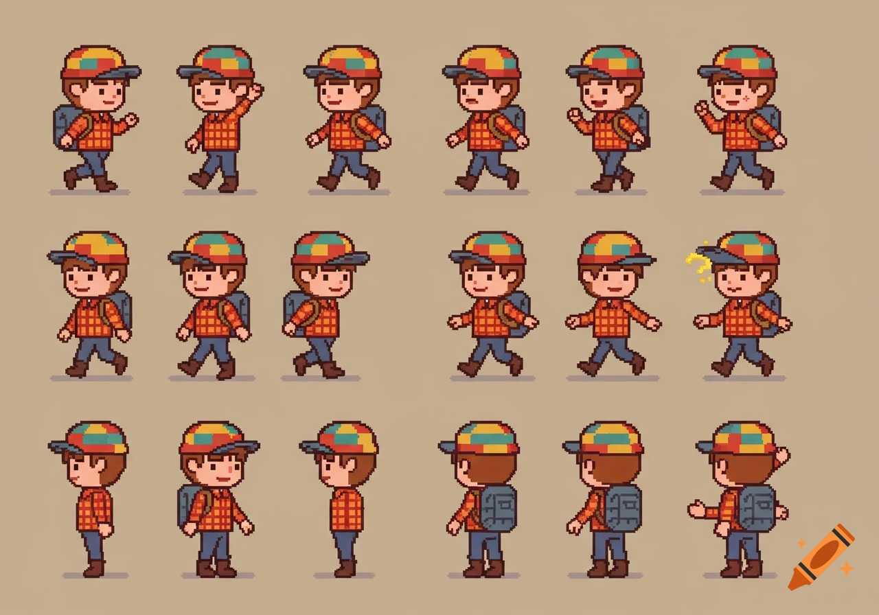 A pixel art sprite sheet showing a boy camper with a backpack in various walking, idle, and looking poses from different angles.