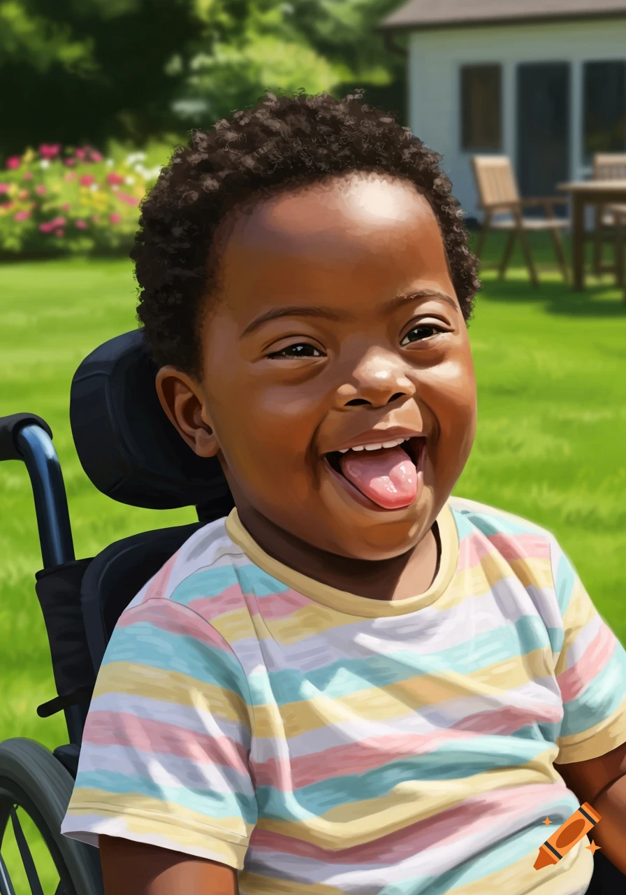 A joyful young boy with dark skin and curly hair, sitting in a wheelchair outdoors, smiling with his tongue out.
