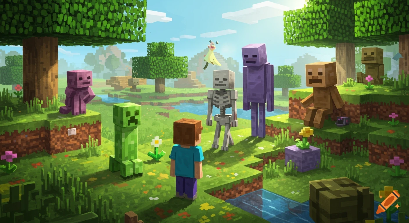 Minecraft characters including a boy, Creeper, Skeleton, and Enderman stand in a vibrant blocky landscape with trees and water.