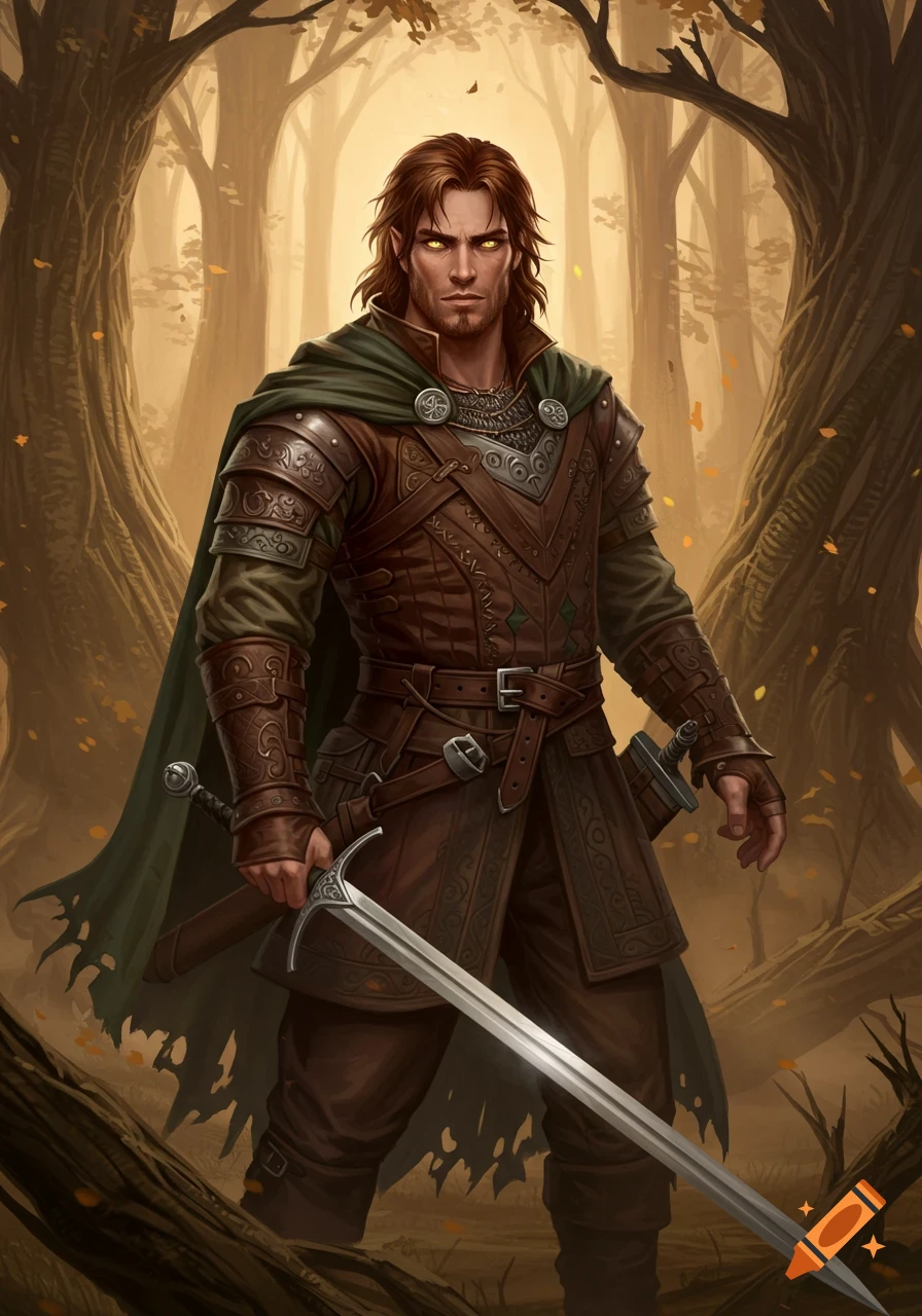 A brown-haired medieval fantasy man with glowing yellow eyes, wearing leather armor and a green cloak, stands with a sword in a forest.