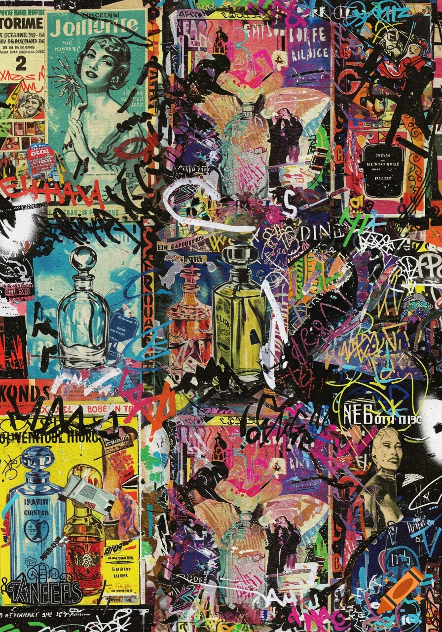 A vibrant, chaotic collage featuring vintage perfume advertisements overlaid with colorful doodle graffiti in an 80s photocopy style with a grainy texture.