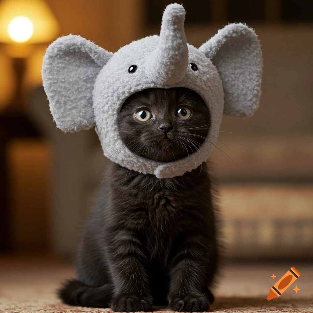 A cute black kitten wearing a gray elephant hat, sitting on a rug in a home setting, photorealistic.