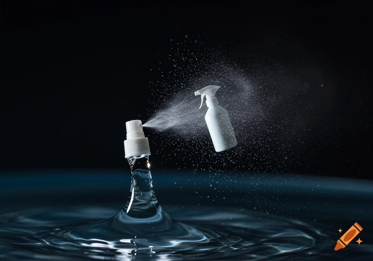 A photorealistic image of a spray bottle emerging from a water splash, with another bottle floating and spraying mist against a dark background.