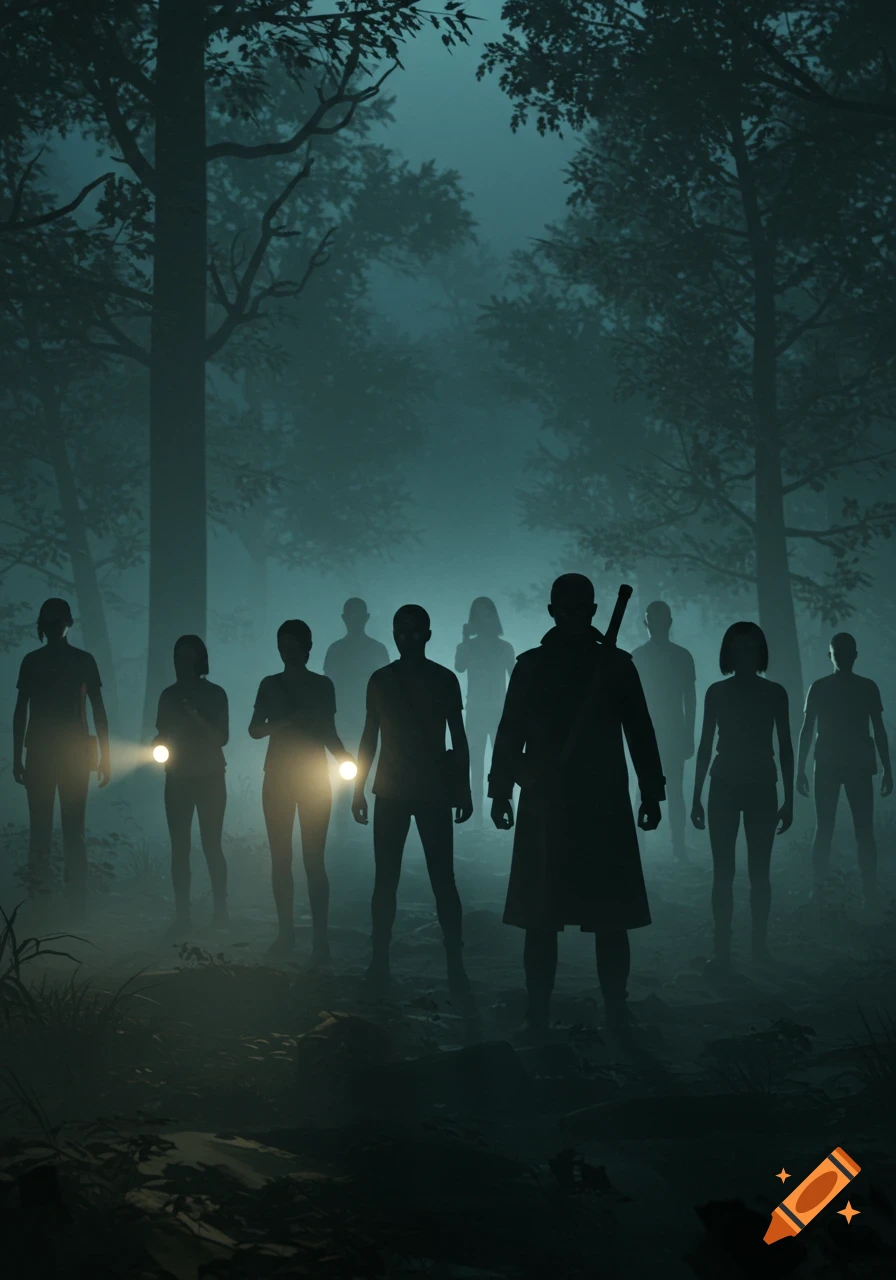 Silhouettes of people in a misty, dark forest, some with flashlights. A central figure wears a long coat and carries a sword.