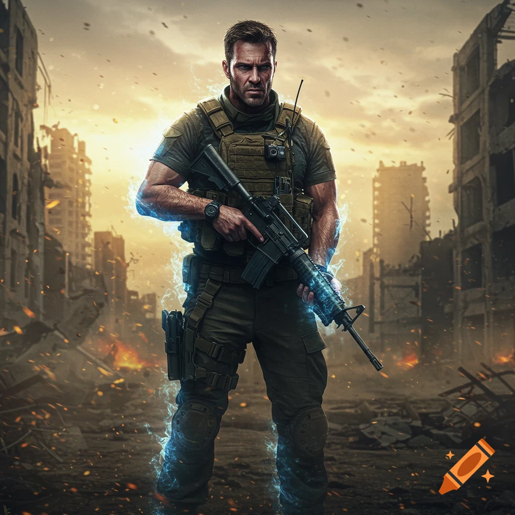 A male mercenary with an M4 rifle stands with blue energy around him in a ruined city with an orange sky.
