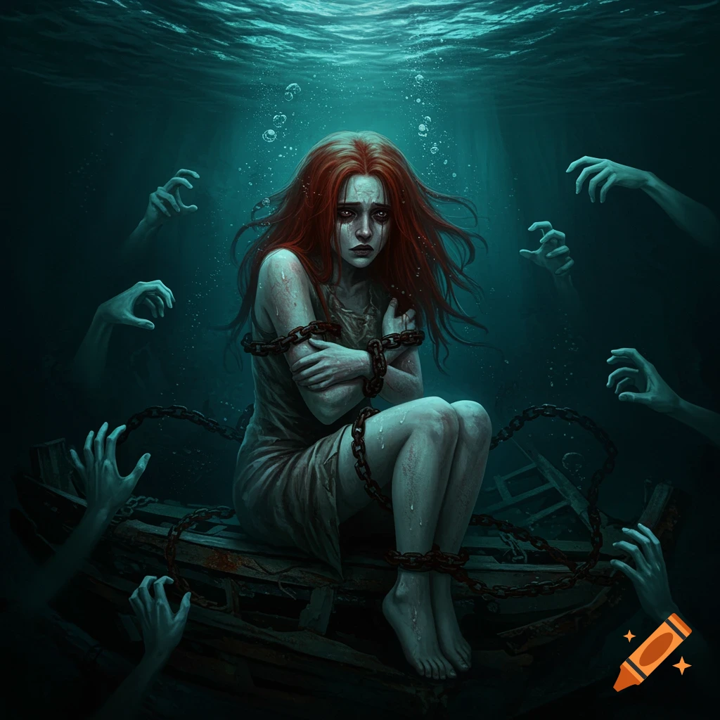 A chained woman with red hair sits on wreckage underwater, surrounded by ghostly hands in a dark, haunting painting.