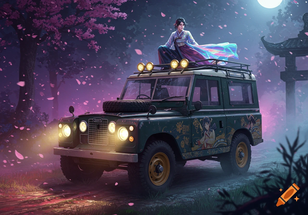 A stylized painting of a person in a colorful hanbok sitting atop a vintage Land Rover, under a full moon with pink cherry blossoms falling around them in a mystical, purple-lit forest with a pagoda.