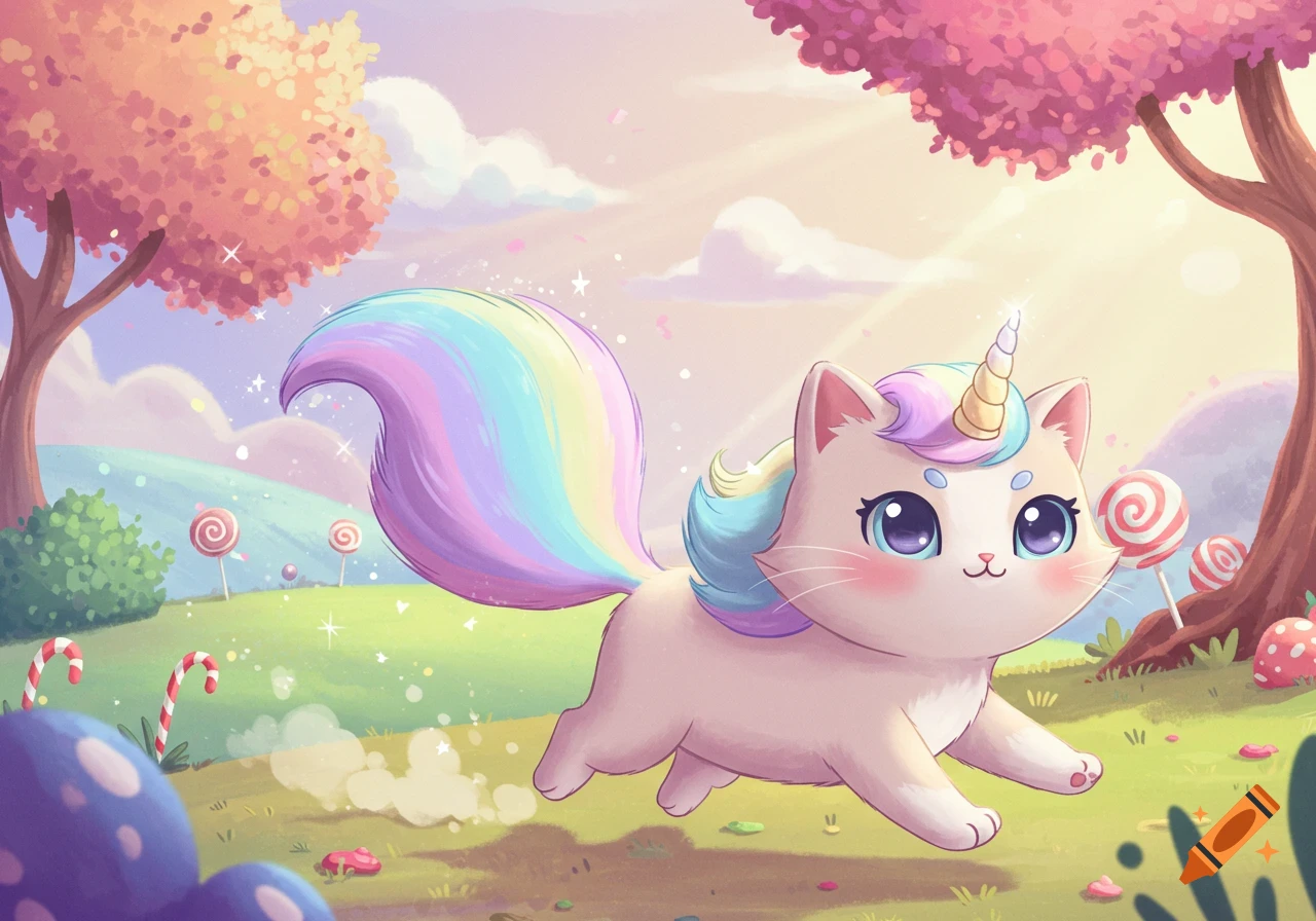 A cute cartoon unicorn cat with a rainbow tail and mane runs through a whimsical, colorful landscape filled with lollipops and trees.