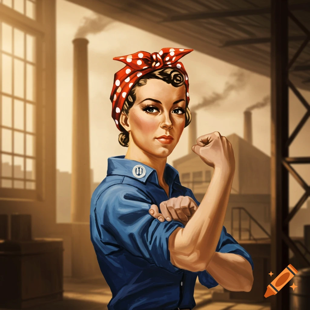 A stylized illustration of Rosie the Riveter in a blue work shirt and red polka dot bandana, flexing her bicep against an industrial background.