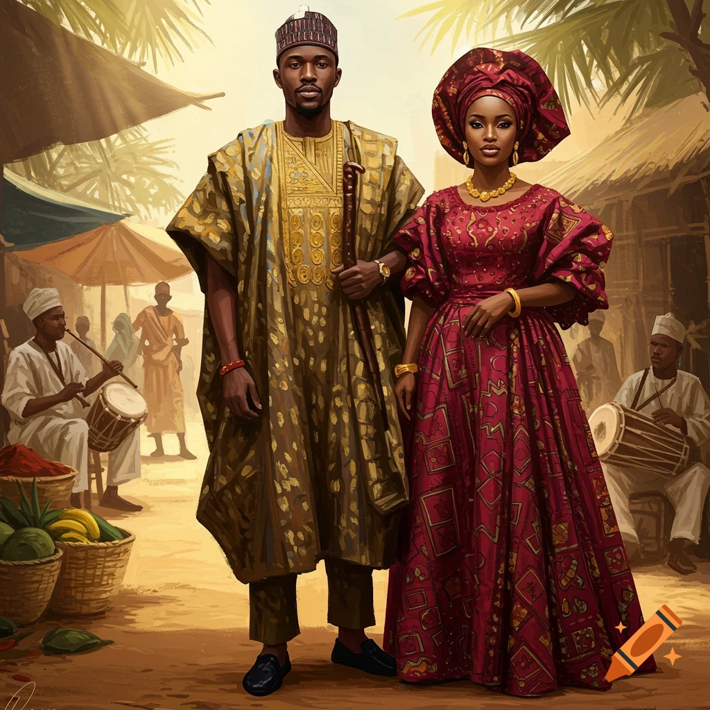 A man and a woman in vibrant traditional African attire stand in a bustling marketplace. Painting style.