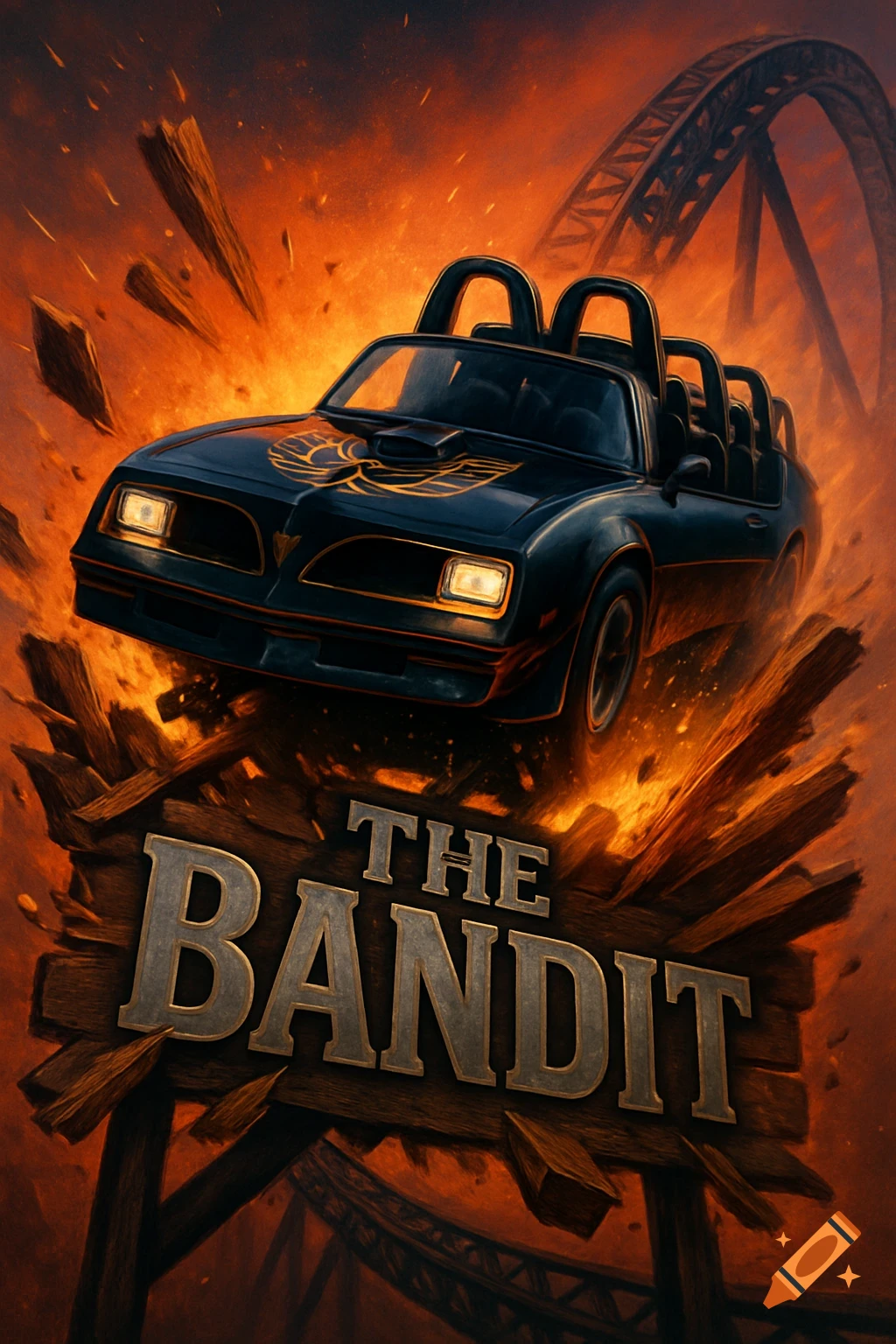 A black Trans Am sports car with a gold eagle emblem jumps over a wooden sign reading 'THE BANDIT' with fiery explosions and a roller coaster in the background.