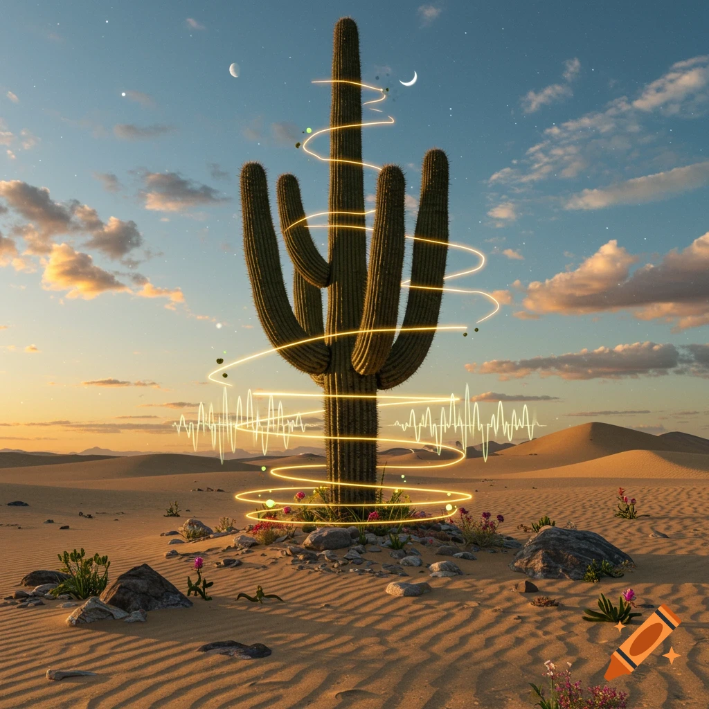 A saguaro cactus in a desert landscape, encircled by glowing yellow light trails and a white waveform pattern under a sunset sky.