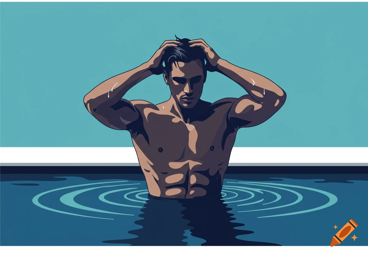 Illustration of a shirtless man emerging from a swimming pool, raking his wet hair back with his hands.