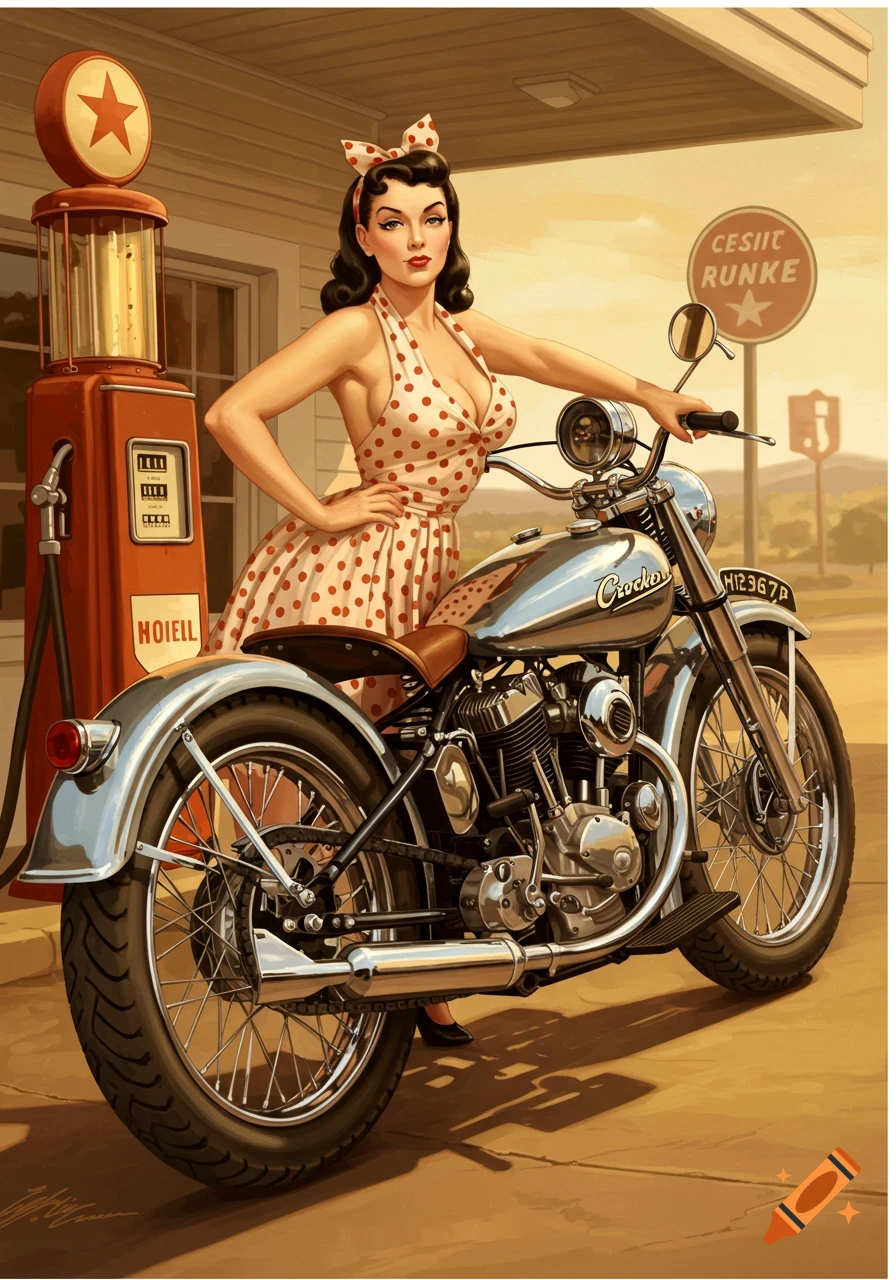 A retro pinup woman in a polka dot dress stands beside a vintage Crocker motorcycle at a gas station.