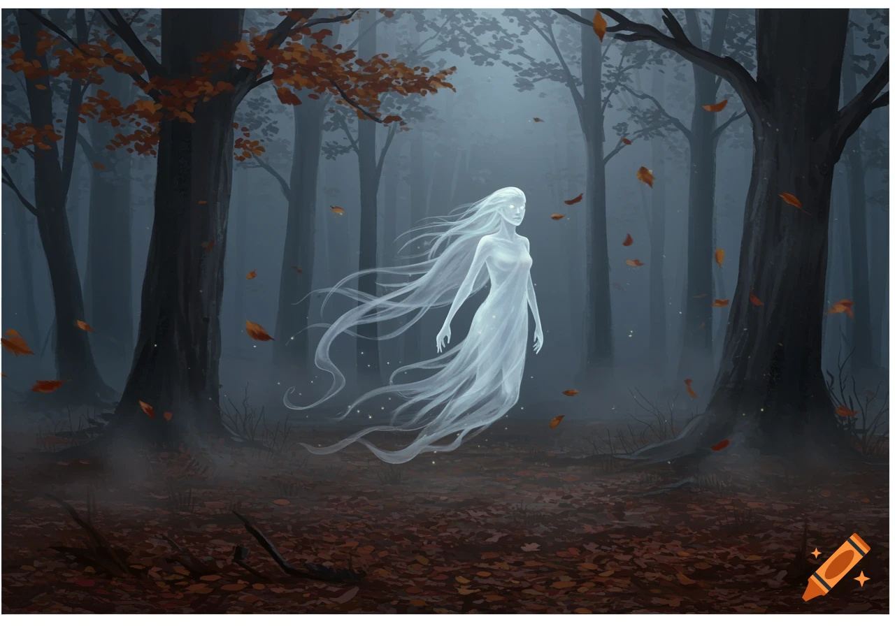 A pale, translucent spirit floats through a misty, dark autumn forest with fallen leaves.