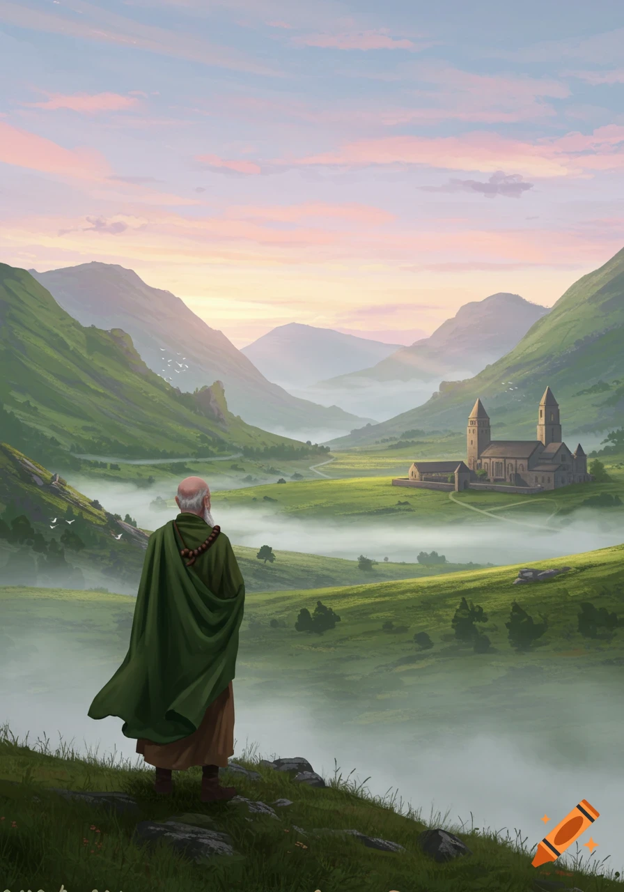 A cloaked monk stands on a hill, looking over a misty green valley with mountains and a monastery under a pastel sky.