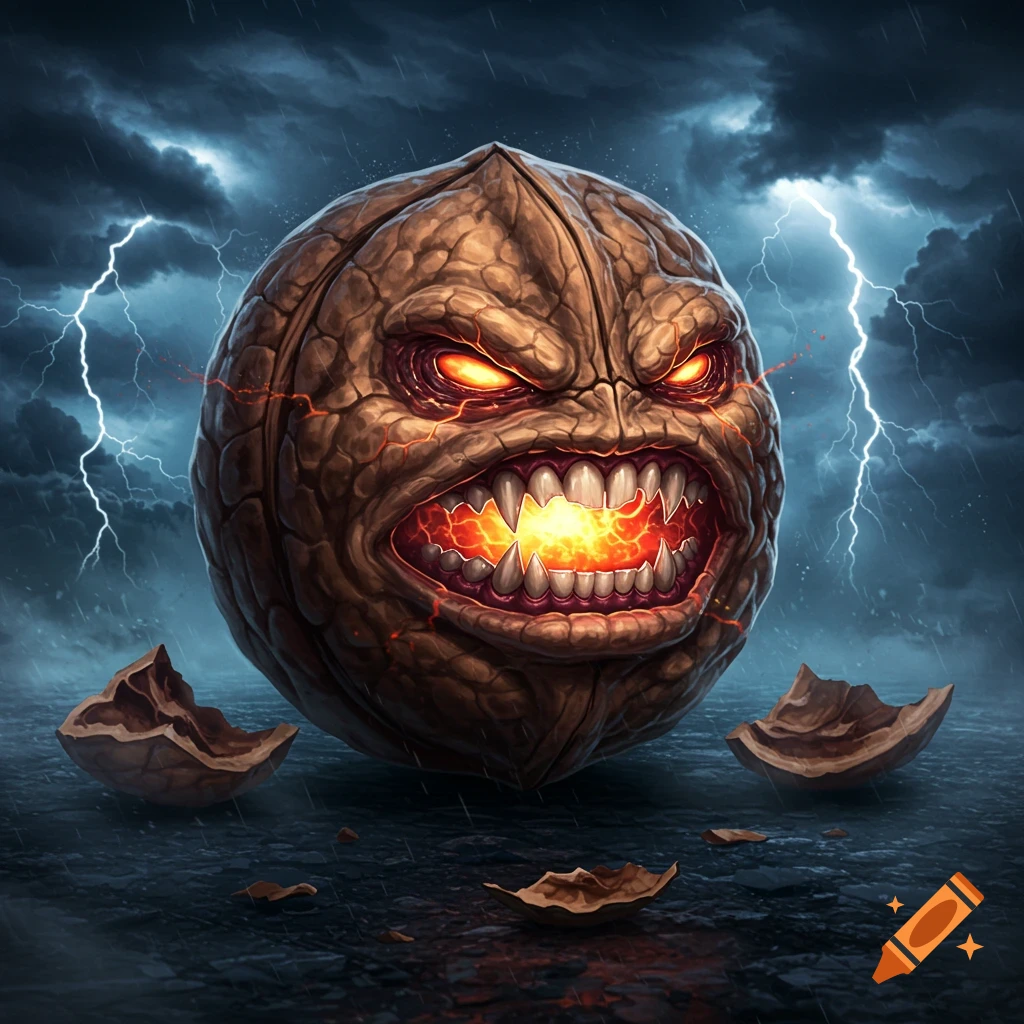 An angry, monstrous walnut with glowing orange eyes and a fiery mouth, under a stormy sky with lightning. Cracked walnut shells lie on the wet ground.