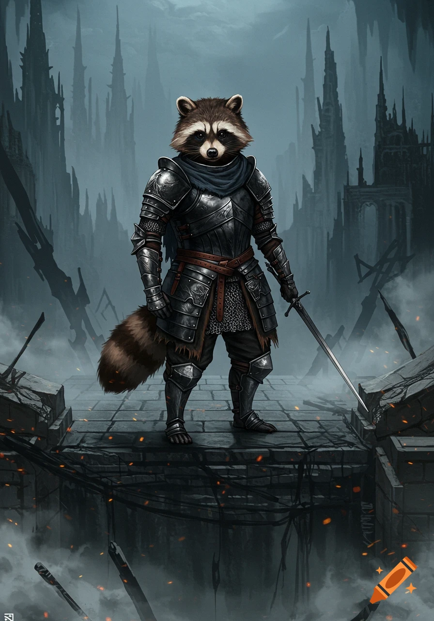 A raccoon in full plate armor holds a sword on a ruined bridge in a dark fantasy city.