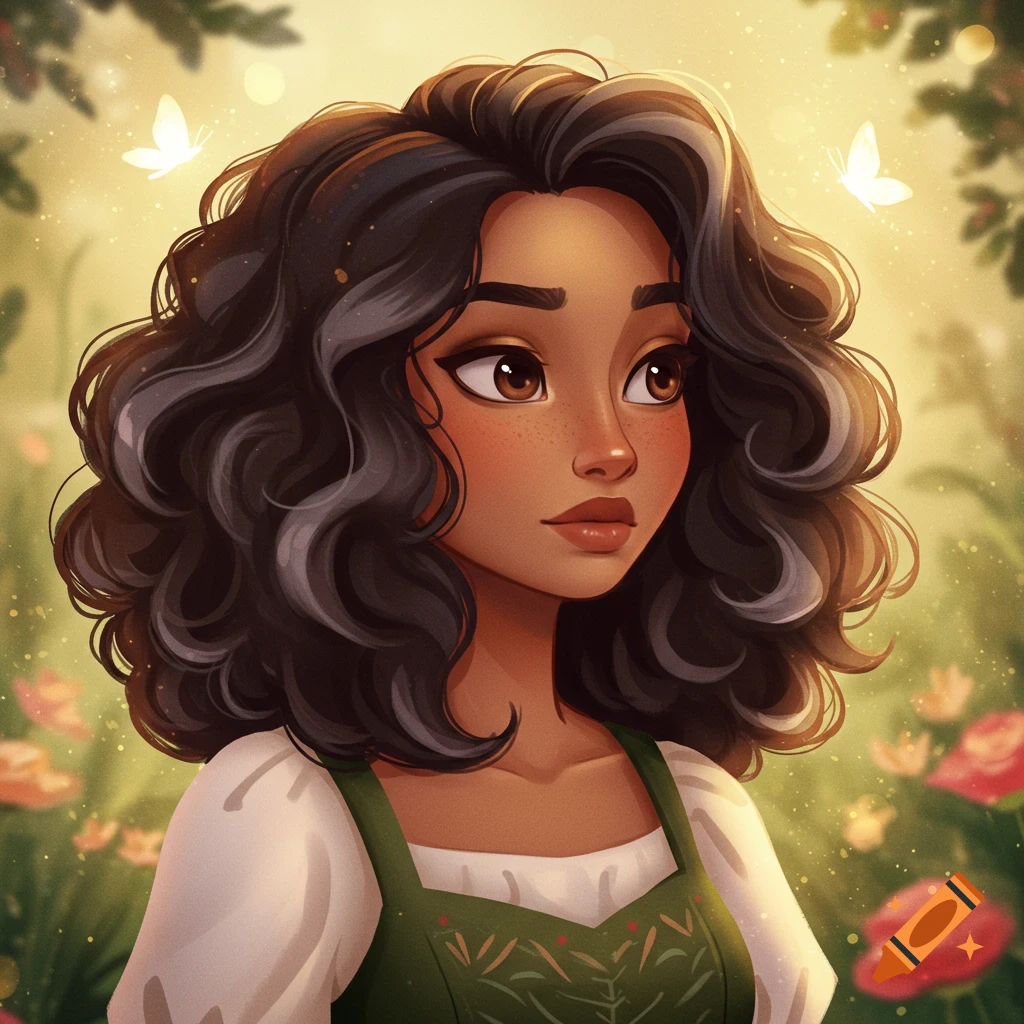 An animated portrait of a young woman with dark curly hair and brown eyes in a whimsical garden with butterflies.