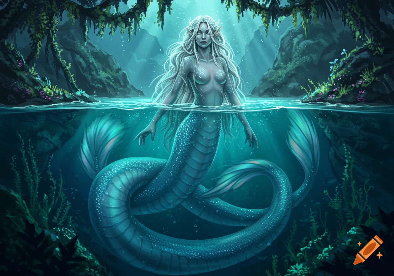 A white-haired Melusine siren with a serpentine twin tail emerges from mystic teal water in a cave, surrounded by glowing light.