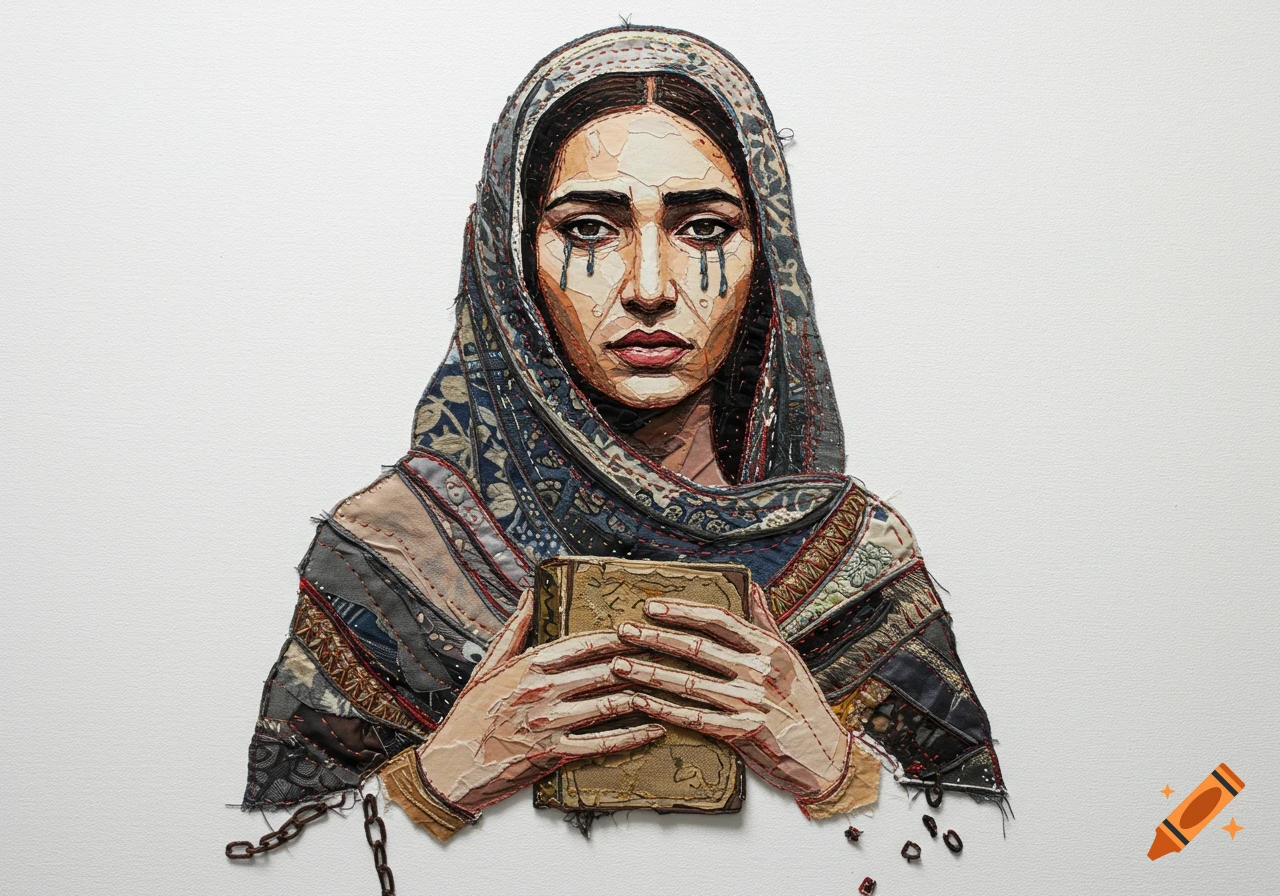 A fabric collage portrait of a woman in a head covering, crying tears, and holding a worn book. Broken chains are visible at the bottom.