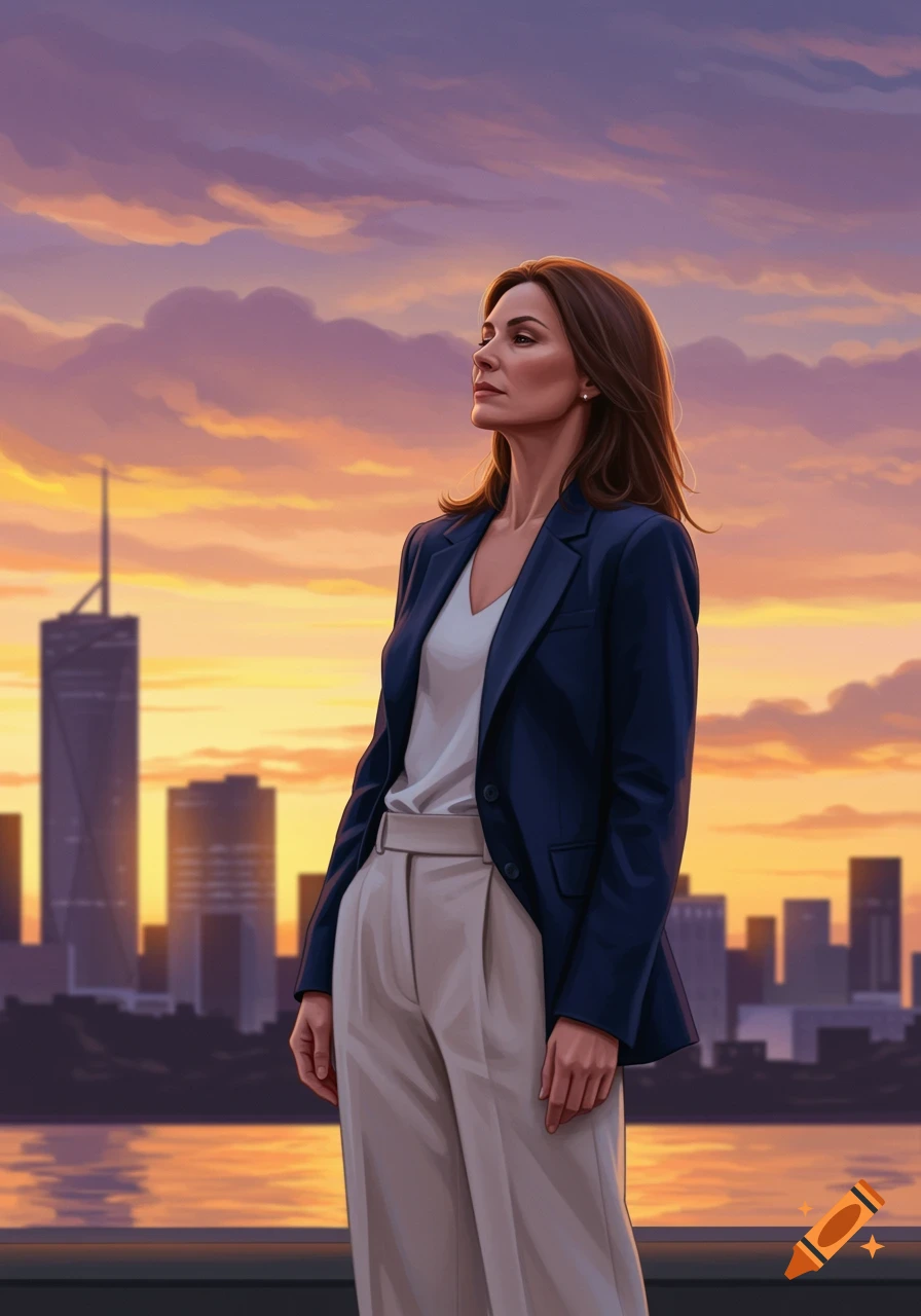 An illustrative portrait of a woman in a dark blue suit looking out over a city skyline at sunset.