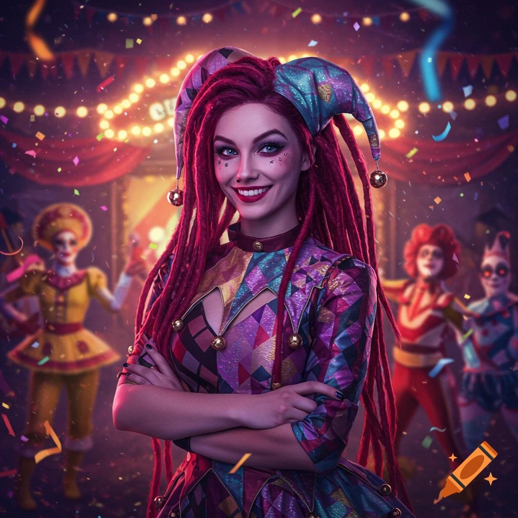 A smiling woman in a colorful jester costume with red dreadlocks and a jester hat, arms crossed, in a vibrant carnival setting.