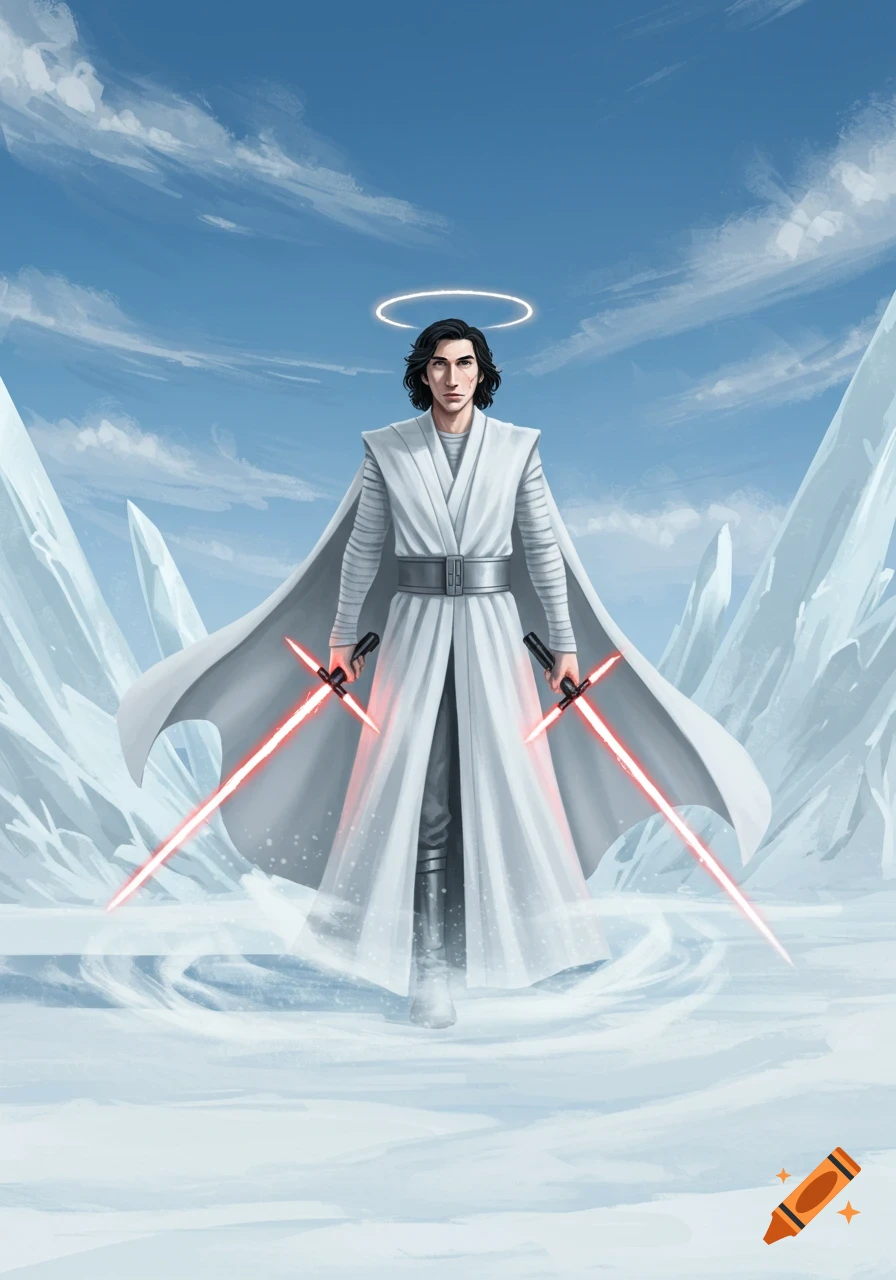 An angelic figure resembling Kylo Ren in white robes with a halo, holding two red lightsabers in a snowy, icy landscape.