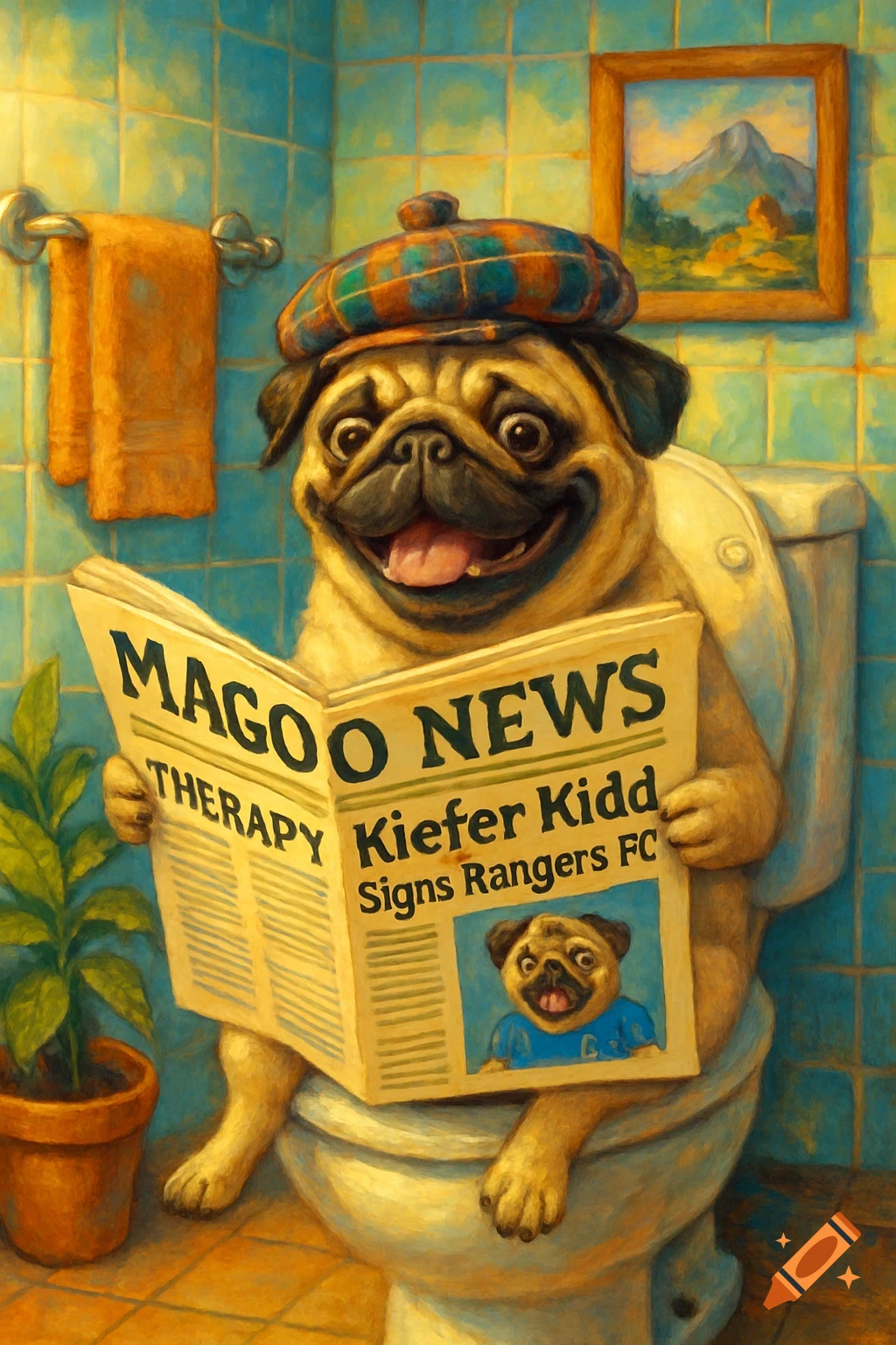 A cheerful pug wearing a tartan beret sits on a toilet, reading a newspaper titled 'Magoo News' in a tiled bathroom, in a comical painting style.