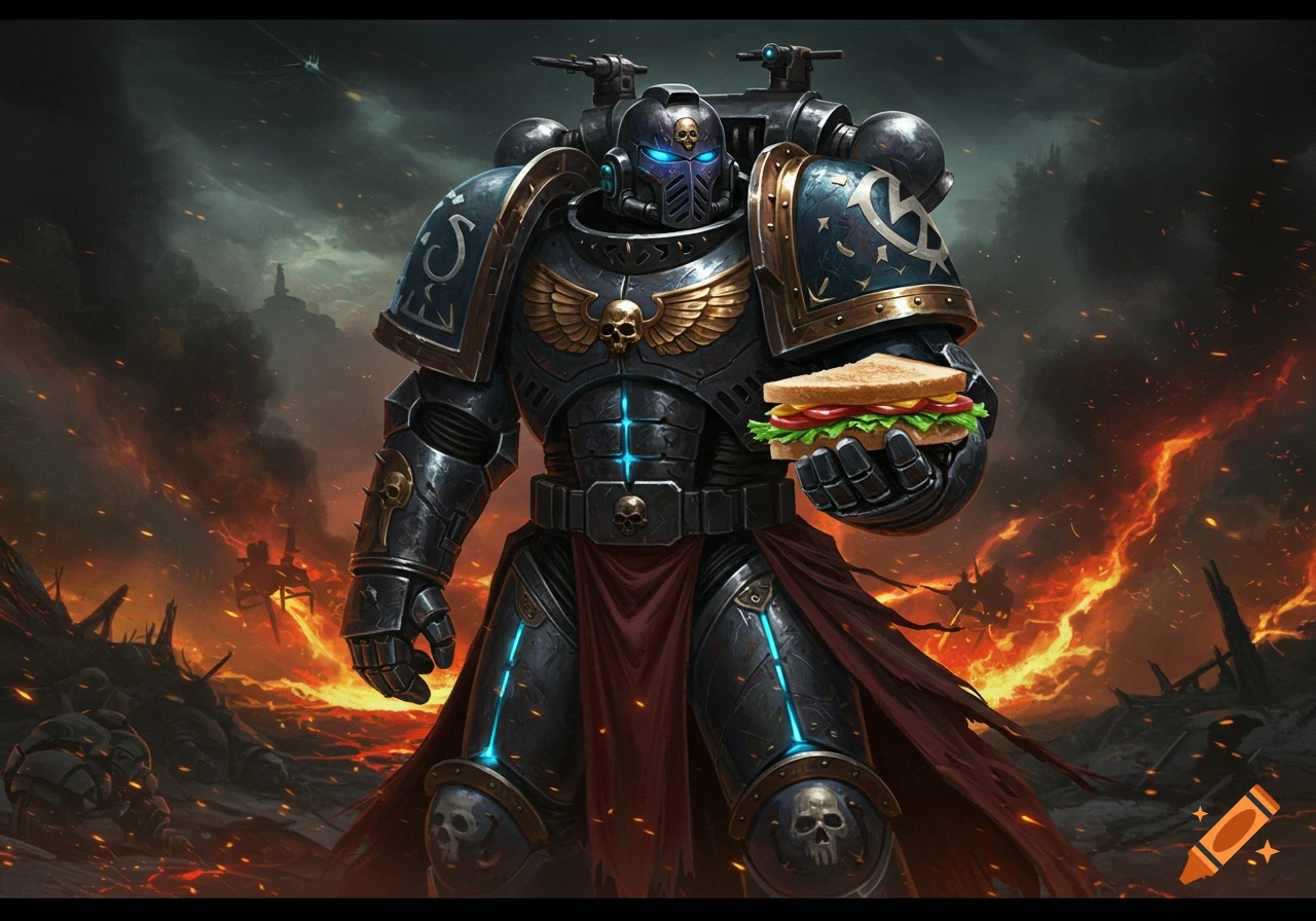 A heavily armored Warhammer Space Marine in a dark metallic suit with glowing blue accents holds a sandwich with lettuce, tomato, and cheese against a fiery, battle-scarred background.