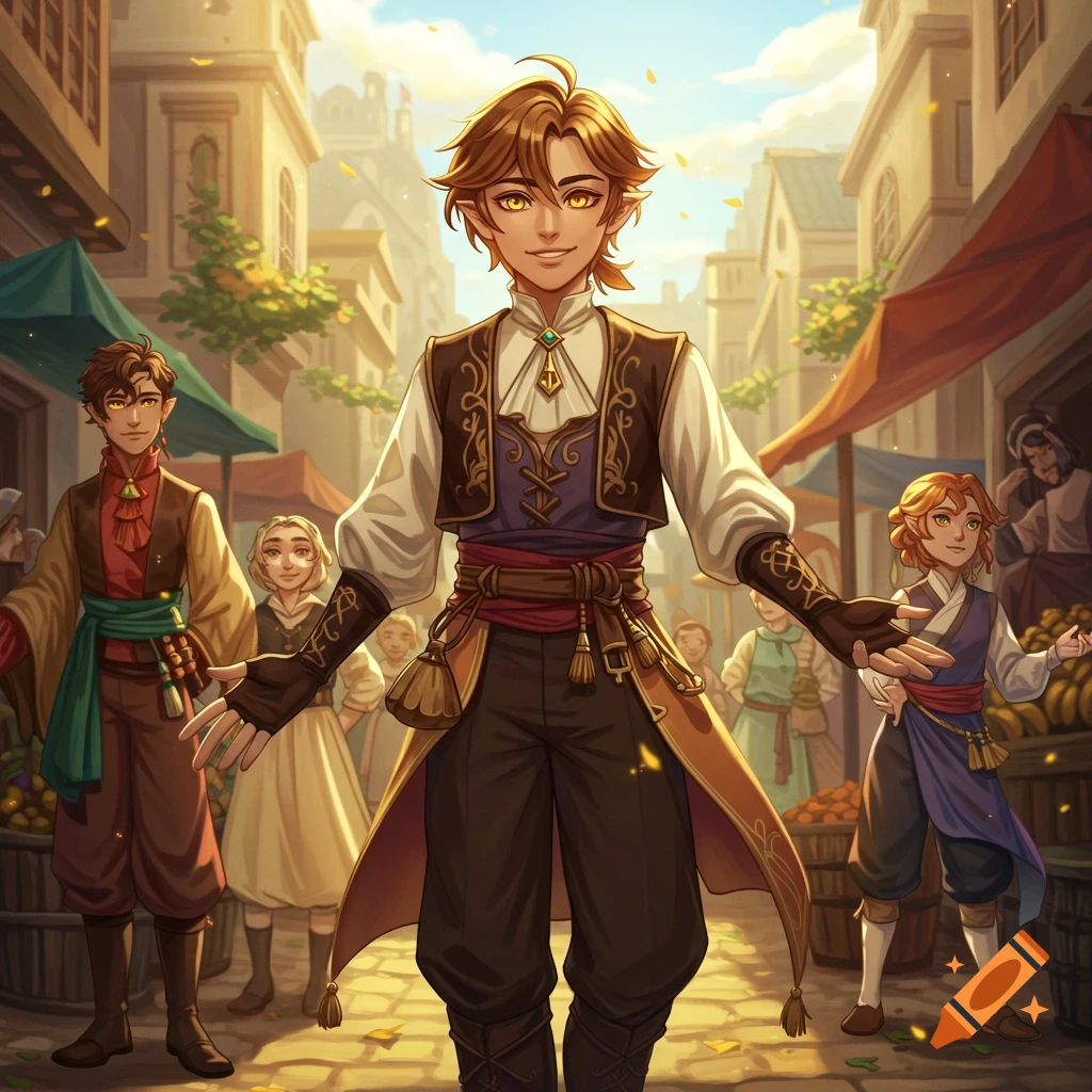 An illustration of a young man with golden eyes in ornate fantasy attire, standing in a bustling market street with other characters.