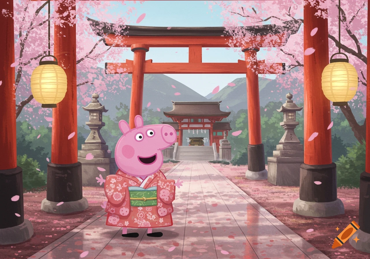 Peppa Pig dressed in a pink kimono with cherry blossoms, standing in front of a traditional Japanese shrine with red torii gates and falling cherry petals.
